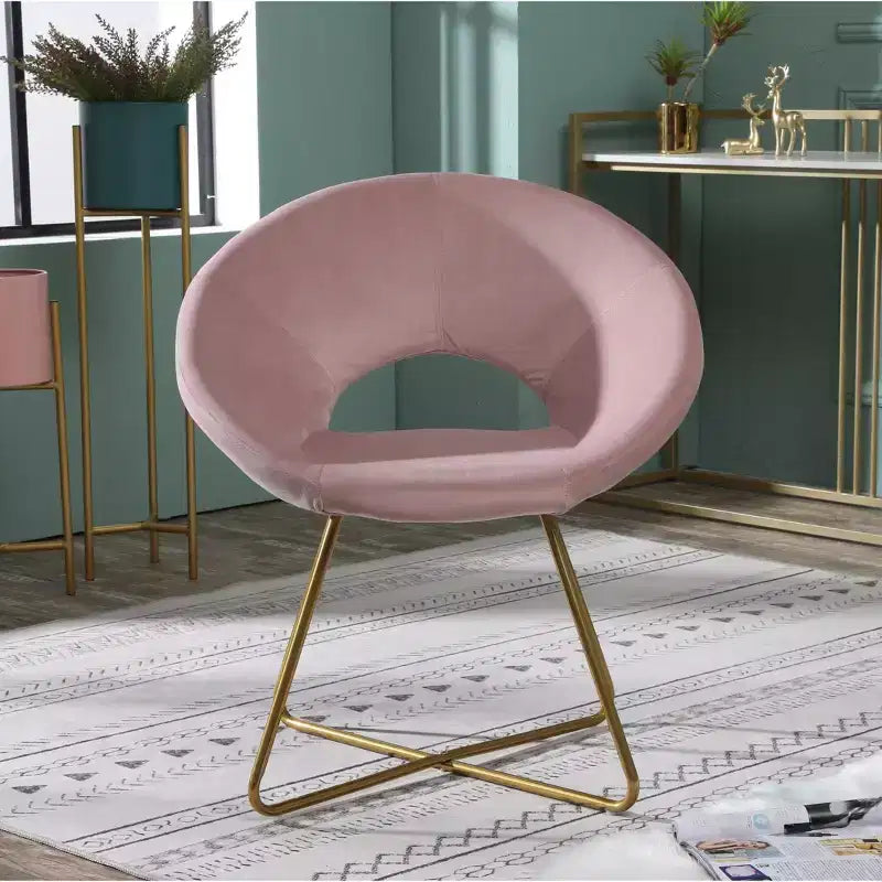 Fauteuil d’appoint rembourré en velours soyeux, rose avec piètement doré