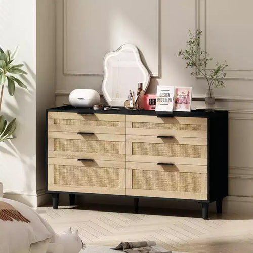 51.18/59.06W Rattan Dresser with 6 Drawers, Storage Cabinet with Metal Handle &amp; Wood Legs - ModernLuxe