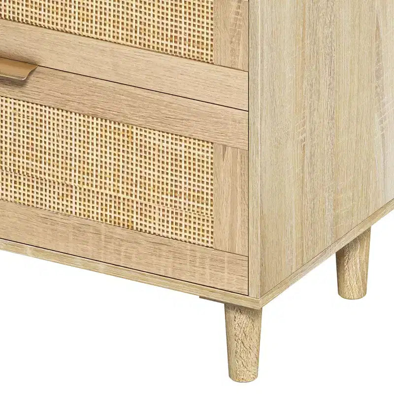 Commode en rotin de 51.18/59.06W avec 6 tiroirs, meuble de rangement avec poignées en métal et pieds en bois