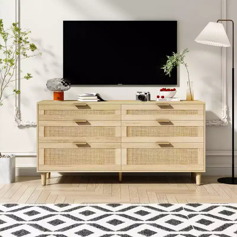 Commode en rotin de 51.18/59.06W avec 6 tiroirs, meuble de rangement avec poignées en métal et pieds en bois