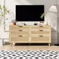 Commode en rotin de 51.18/59.06W avec 6 tiroirs, meuble de rangement avec poignées en métal et pieds en bois