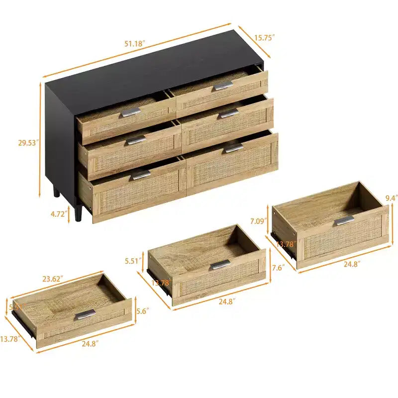 Commode en rotin de 51.18/59.06W avec 6 tiroirs, meuble de rangement avec poignées en métal et pieds en bois