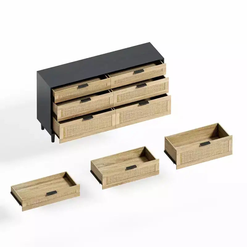 Commode en rotin de 51.18/59.06W avec 6 tiroirs, meuble de rangement avec poignées en métal et pieds en bois