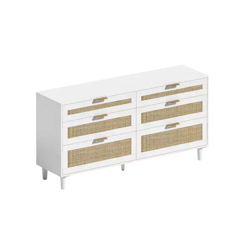 Commode en rotin de 51.18/59.06W avec 6 tiroirs, meuble de rangement avec poignées en métal et pieds en bois