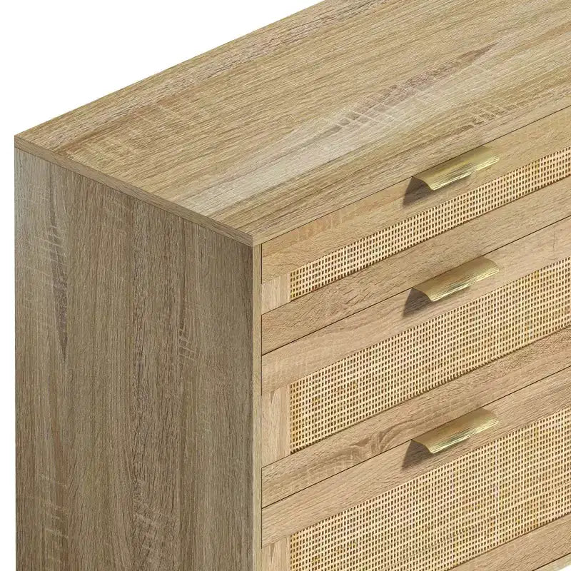Commode en rotin de 51.18/59.06W avec 6 tiroirs, meuble de rangement avec poignées en métal et pieds en bois