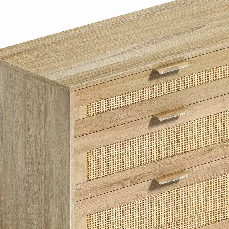 Commode en rotin de 51.18/59.06W avec 6 tiroirs, meuble de rangement avec poignées en métal et pieds en bois
