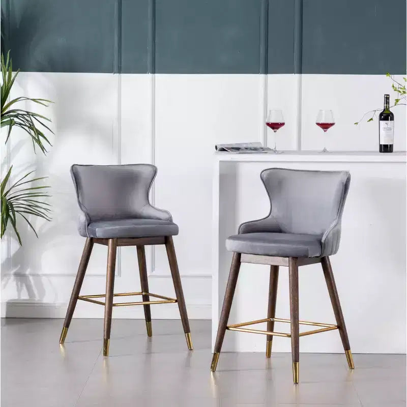Tabourets à dossier ailé, hauteur comptoir, revêtement en tissu, gris, lot de 2
