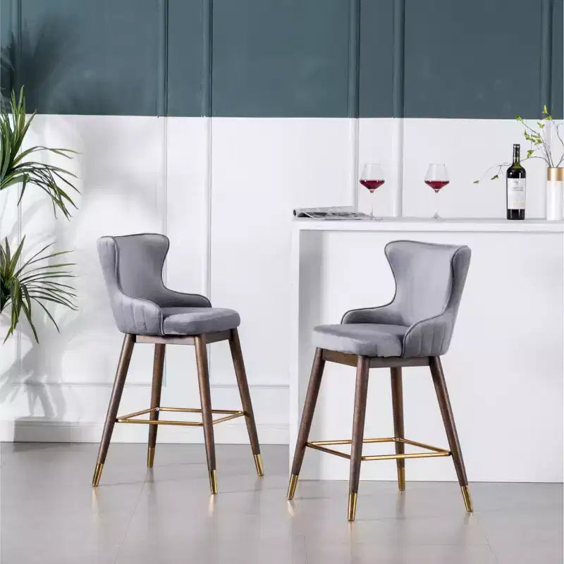 Tabourets à dossier ailé, hauteur comptoir, revêtement en tissu, gris, lot de 2