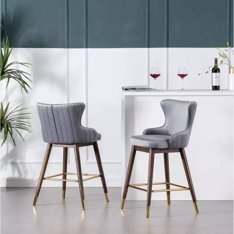 Tabourets à dossier ailé, hauteur comptoir, revêtement en tissu, gris, lot de 2