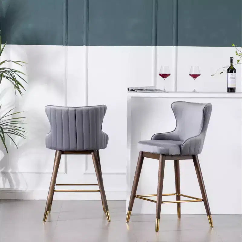 Tabourets à dossier ailé, hauteur comptoir, revêtement en tissu, gris, lot de 2