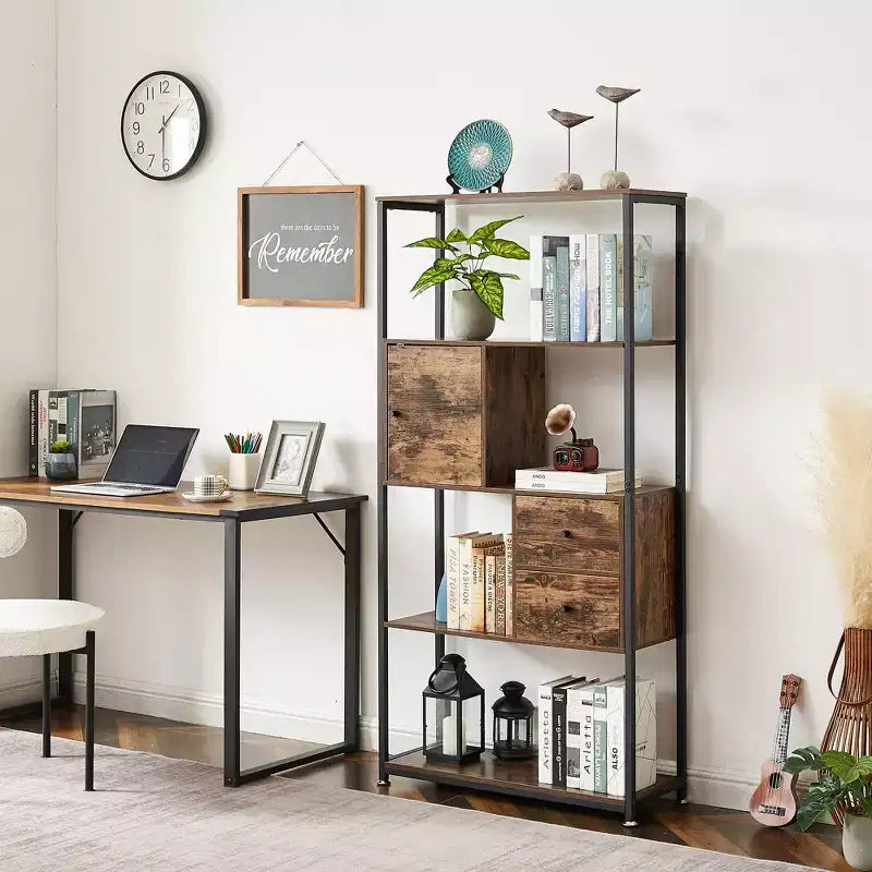 Bibliothèque haute de 62, étagère de rangement industrielle avec 2 tiroirs, 5 niveaux, brun classique