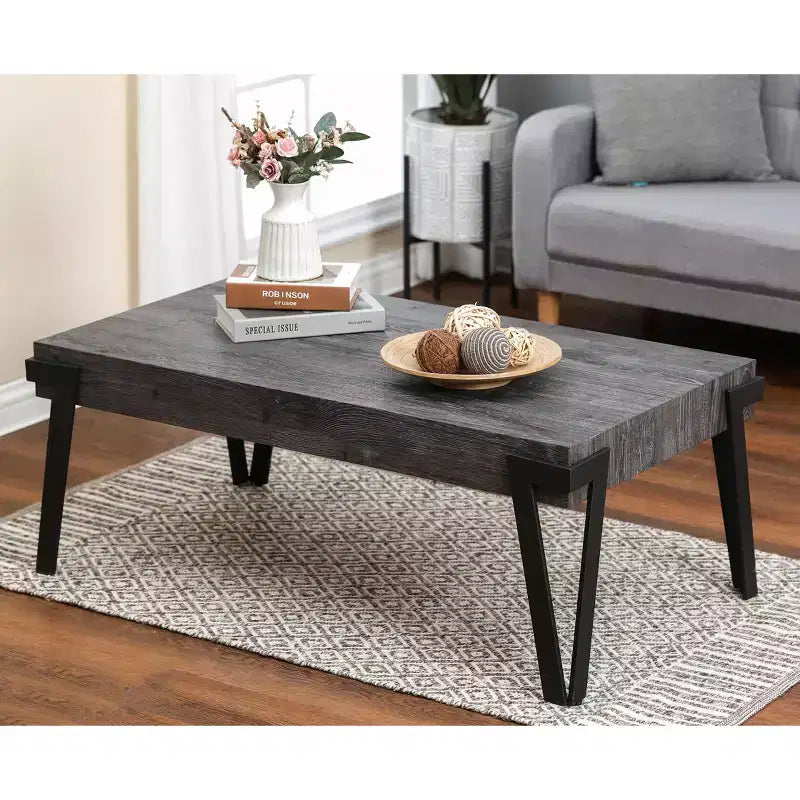 Table basse de 43 pouces en bois d’ingénierie chêne gris et métal noir