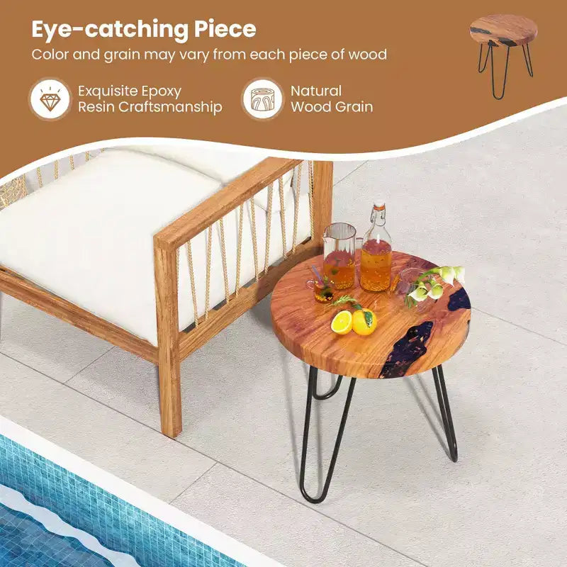Table d’appoint ronde de 20 en teck massif à bord naturel, pour l’extérieur, avec piètement en métal