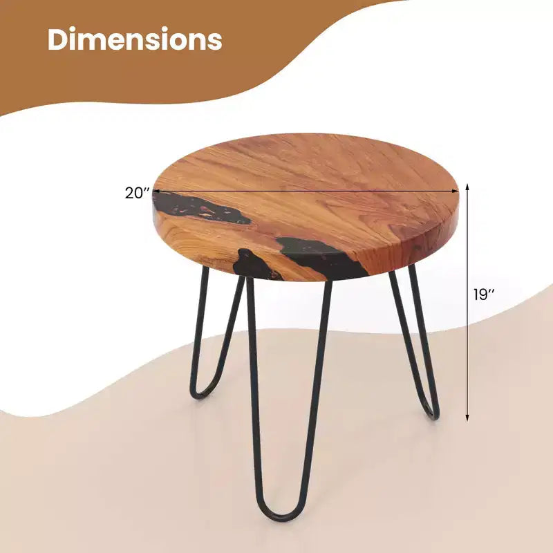 Table d’appoint ronde de 20 en teck massif à bord naturel, pour l’extérieur, avec piètement en métal