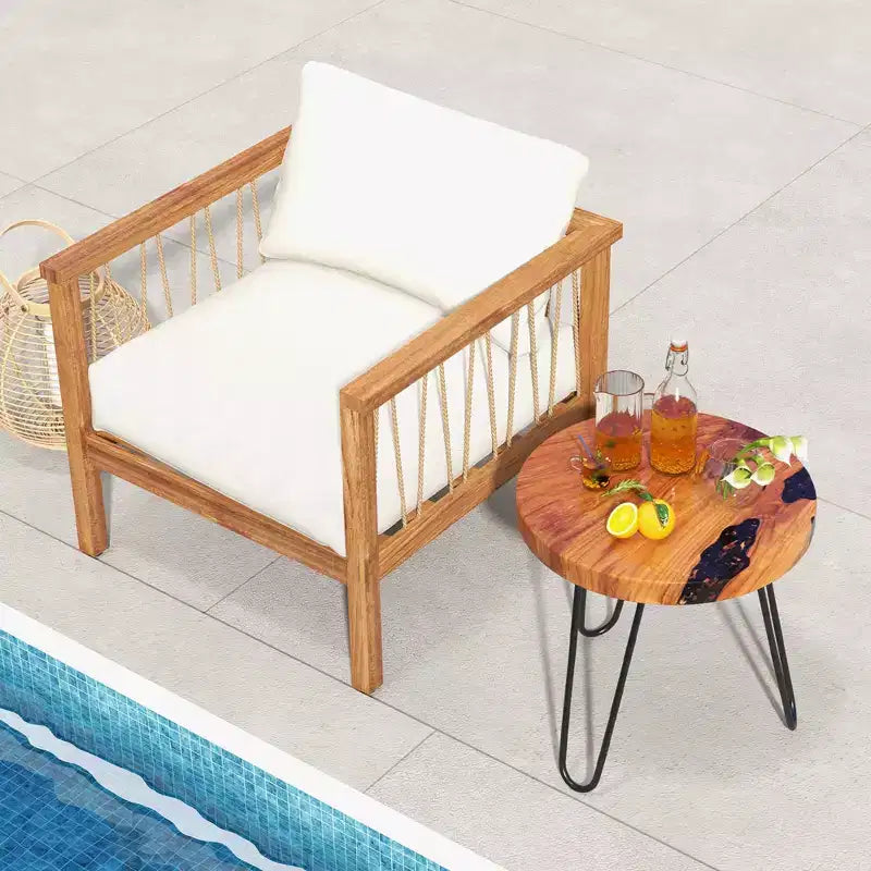 Table d’appoint ronde de 20 en teck massif à bord naturel, pour l’extérieur, avec piètement en métal