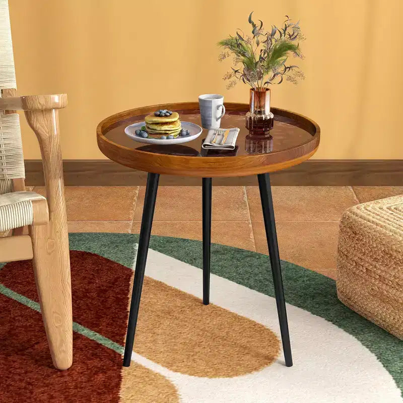 Table d’appoint ronde de 20 en teck massif à bord naturel, pour l’extérieur, avec piètement en métal