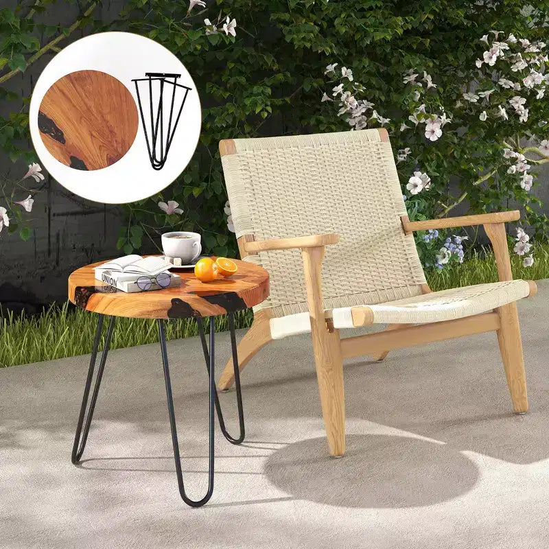 Table d’appoint ronde de 20 en teck massif à bord naturel, pour l’extérieur, avec piètement en métal