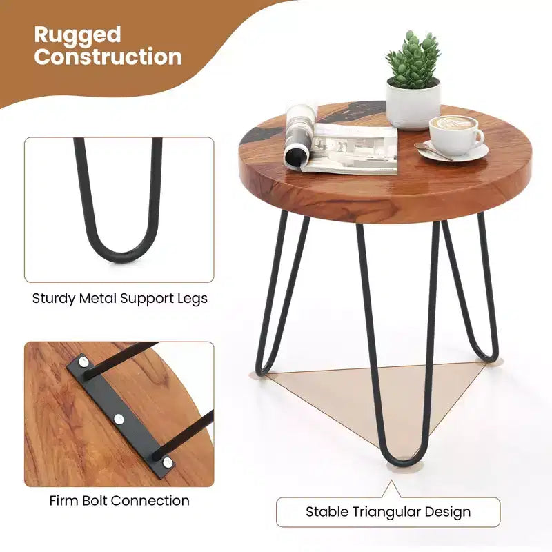 Table d’appoint ronde de 20 en teck massif à bord naturel, pour l’extérieur, avec piètement en métal