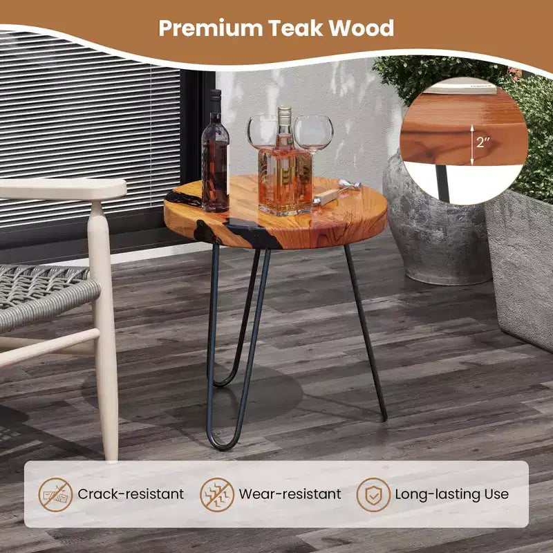 Table d’appoint ronde de 20 en teck massif à bord naturel, pour l’extérieur, avec piètement en métal