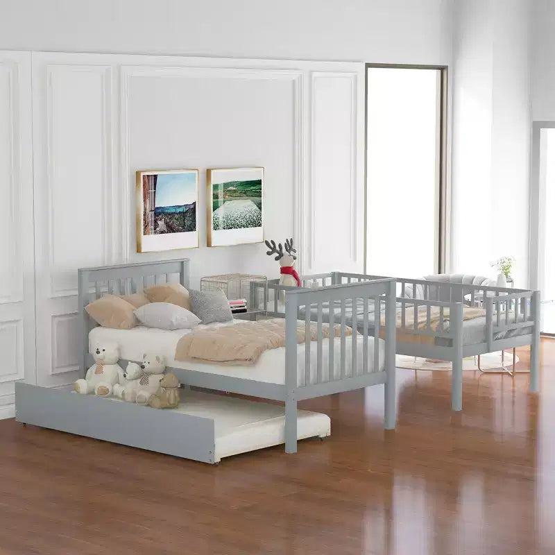 Lit superposé en bois format jumeau avec lit gigogne format jumeau et étagères de rangement