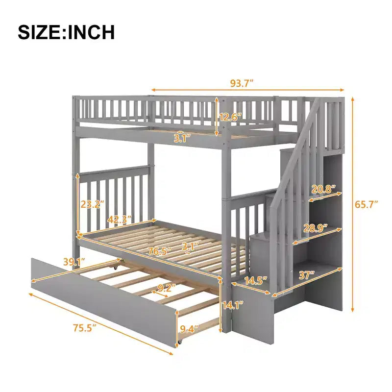 Lit superposé en bois format jumeau avec lit gigogne format jumeau et étagères de rangement