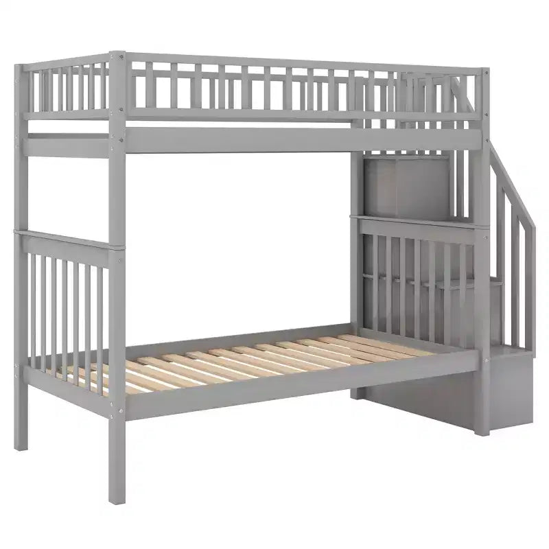 Lit superposé en bois format jumeau avec lit gigogne format jumeau et étagères de rangement