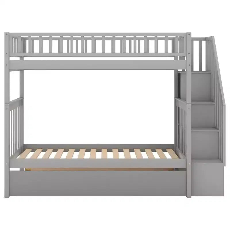 Lit superposé en bois format jumeau avec lit gigogne format jumeau et étagères de rangement