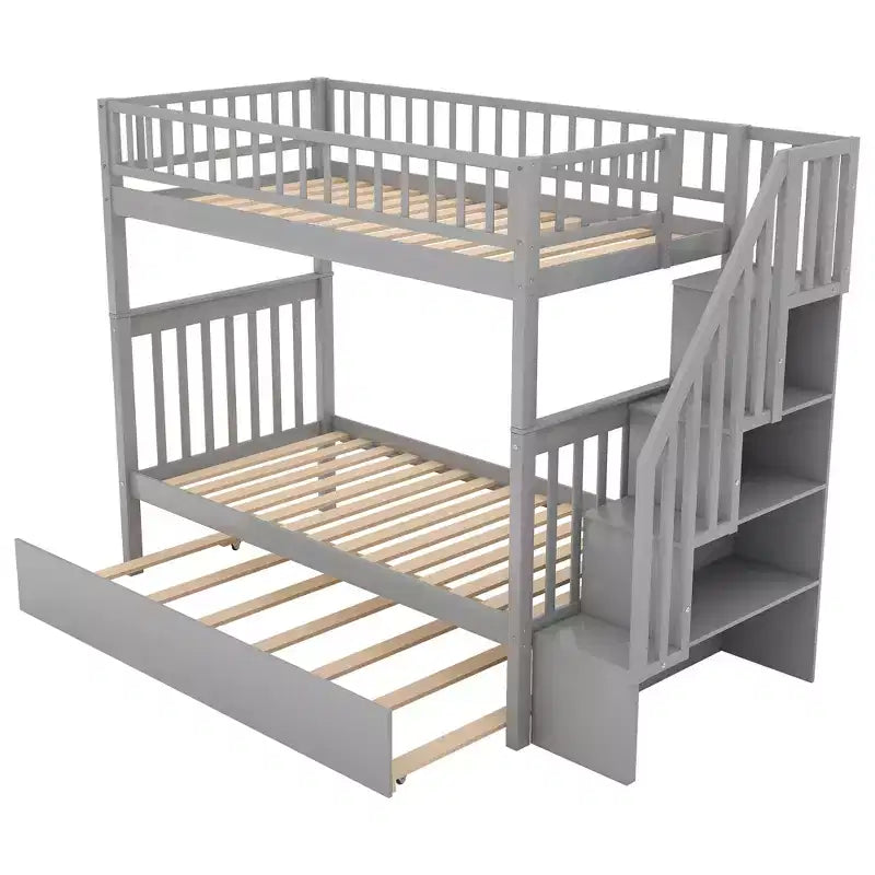 Lit superposé en bois format jumeau avec lit gigogne format jumeau et étagères de rangement