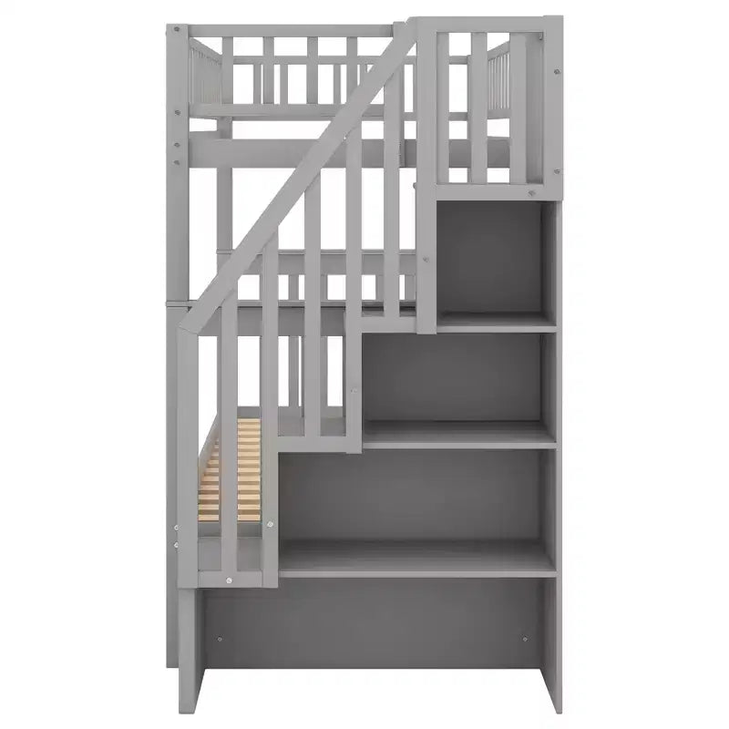 Lit superposé en bois format jumeau avec lit gigogne format jumeau et étagères de rangement