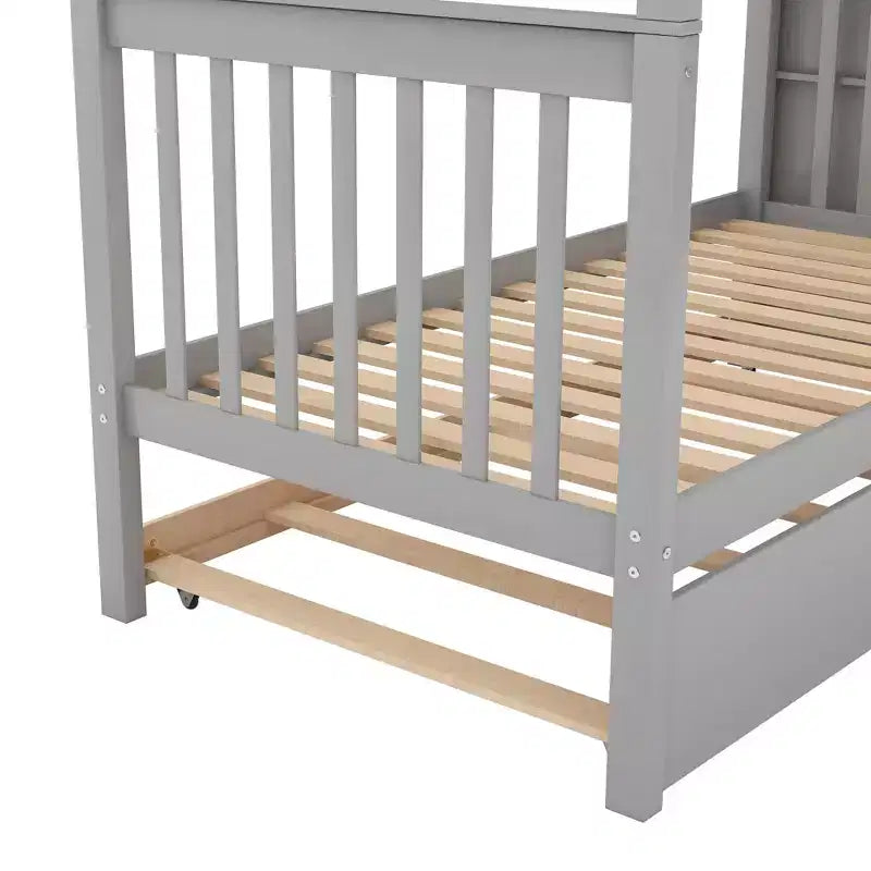 Lit superposé en bois format jumeau avec lit gigogne format jumeau et étagères de rangement