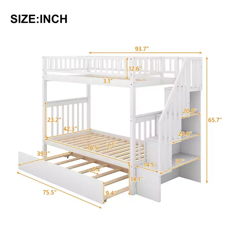 Lit superposé en bois format jumeau avec lit gigogne format jumeau et étagères de rangement