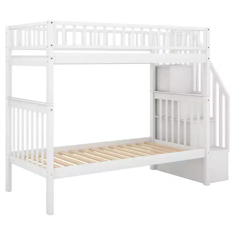 Lit superposé en bois format jumeau avec lit gigogne format jumeau et étagères de rangement