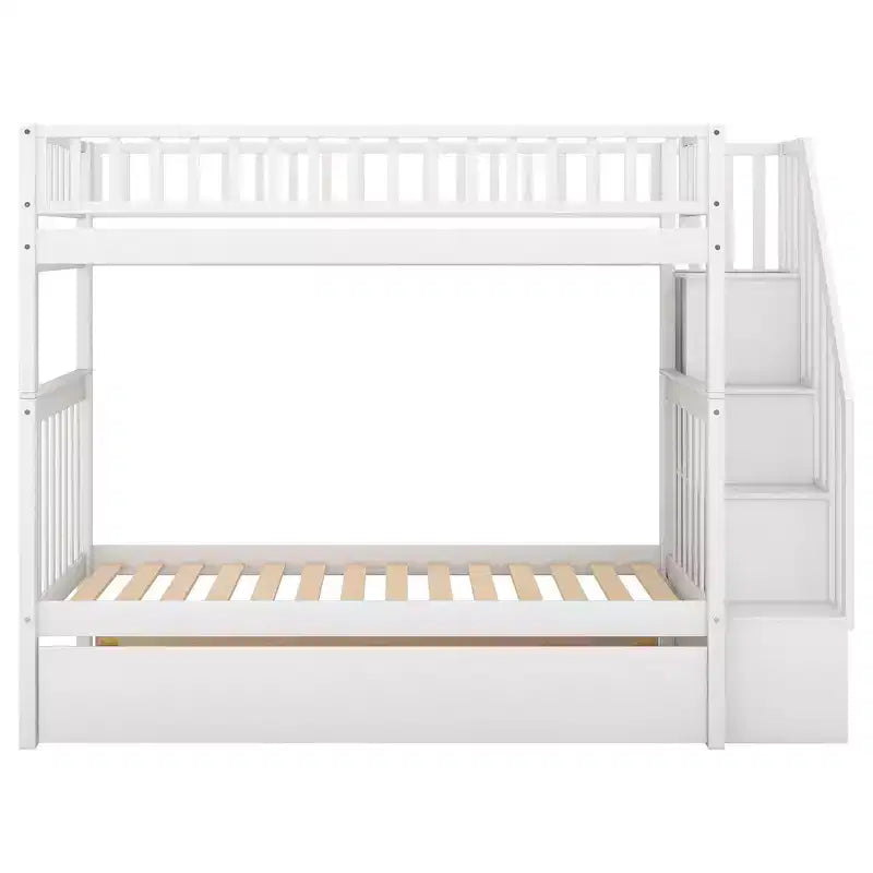 Lit superposé en bois format jumeau avec lit gigogne format jumeau et étagères de rangement