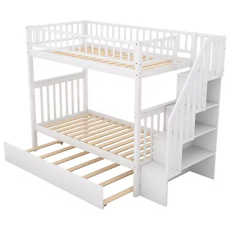 Lit superposé en bois format jumeau avec lit gigogne format jumeau et étagères de rangement