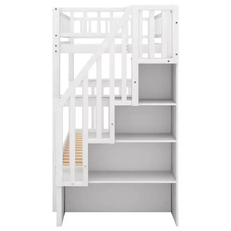 Lit superposé en bois format jumeau avec lit gigogne format jumeau et étagères de rangement
