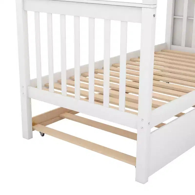 Lit superposé en bois format jumeau avec lit gigogne format jumeau et étagères de rangement