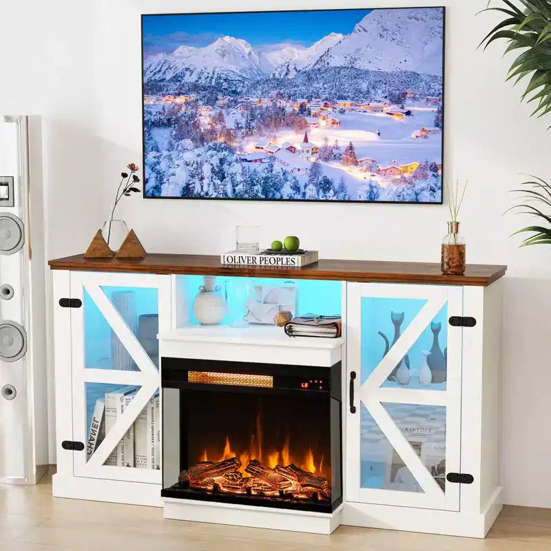 Meuble TV pour cheminée de 58 avec cheminée électrique à 3 côtés en verre de 23, lumières LED 20 couleurs