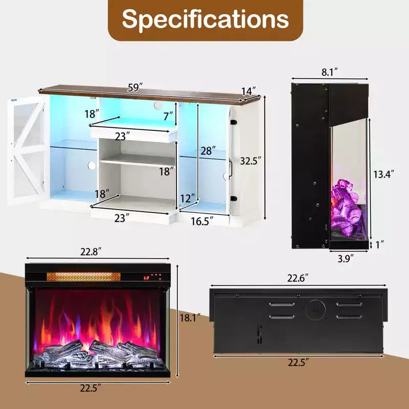 Meuble TV pour cheminée de 58 avec cheminée électrique à 3 côtés en verre de 23, lumières LED 20 couleurs
