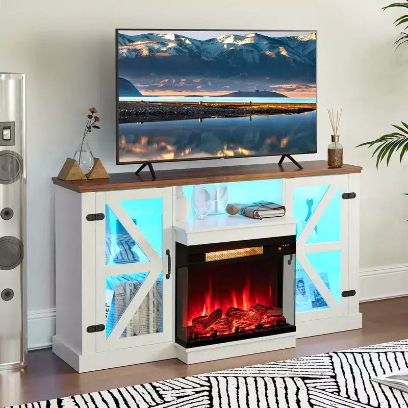 Meuble TV pour cheminée de 58 avec cheminée électrique à 3 côtés en verre de 23, lumières LED 20 couleurs