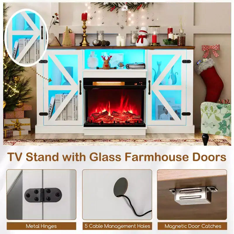 Meuble TV pour cheminée de 58 avec cheminée électrique à 3 côtés en verre de 23, lumières LED 20 couleurs