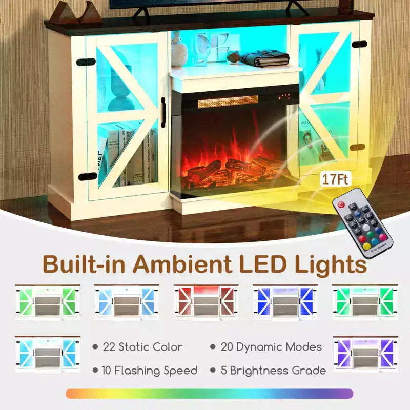 Meuble TV pour cheminée de 58 avec cheminée électrique à 3 côtés en verre de 23, lumières LED 20 couleurs