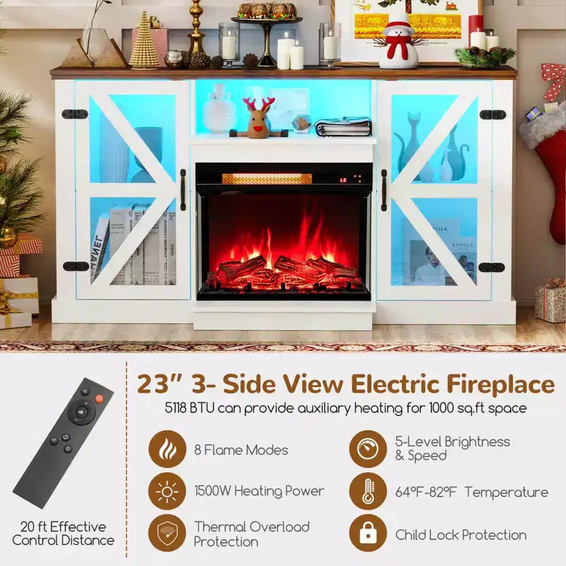 Meuble TV pour cheminée de 58 avec cheminée électrique à 3 côtés en verre de 23, lumières LED 20 couleurs