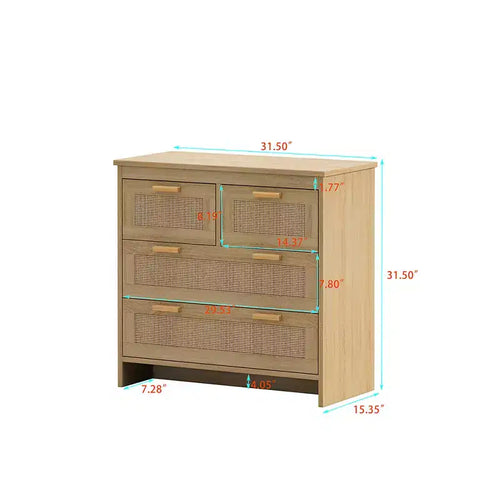 Commode à 4 tiroirs, meuble de rangement moderne en rotin, commode en bois pour chambre, salon, salle à manger et couloir