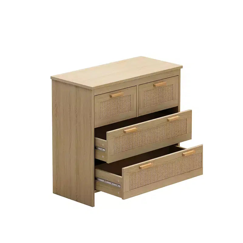 Commode à 4 tiroirs, meuble de rangement moderne en rotin, commode en bois pour chambre, salon, salle à manger et couloir
