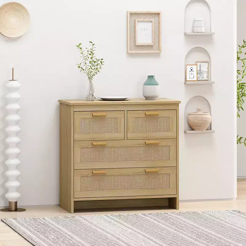 Commode à 4 tiroirs, meuble de rangement moderne en rotin, commode en bois pour chambre, salon, salle à manger et couloir