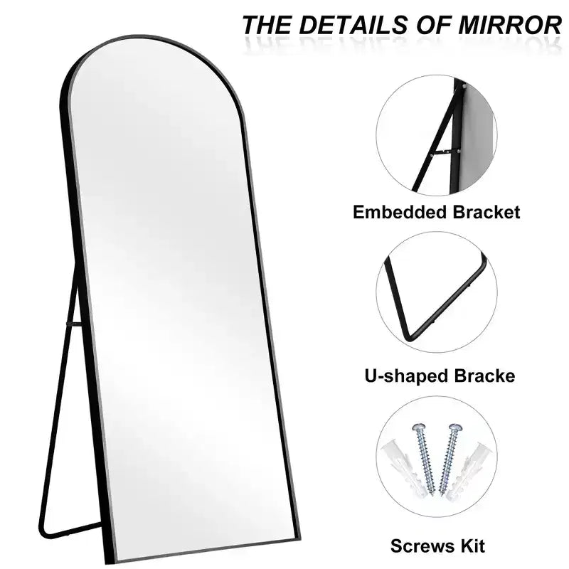 Miroir pleine longueur de 71 x 32 avec sommet arqué à angle droit et cadre fin en alliage d’aluminium