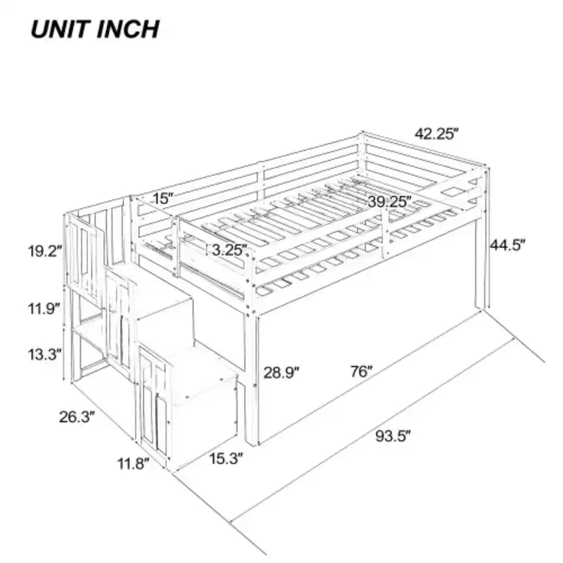 Lit mezzanine surélevé avec escaliers intégrés, conçu pour durer