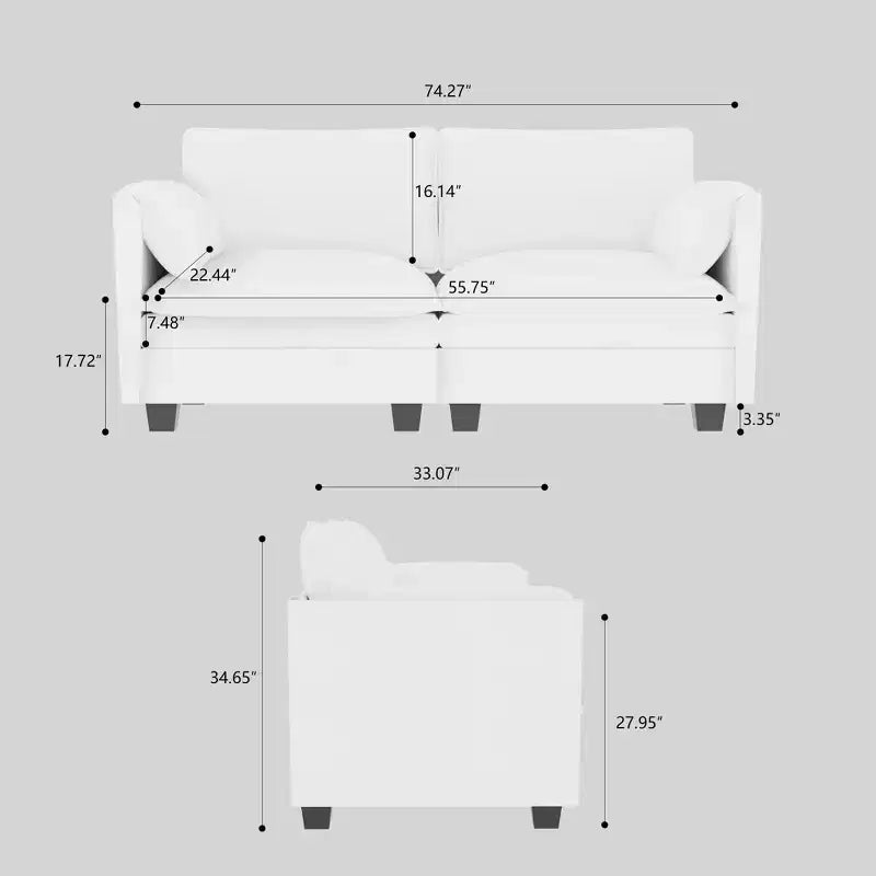 Canapé 2 places moderne du milieu du siècle de 74.27'' avec poche latérale