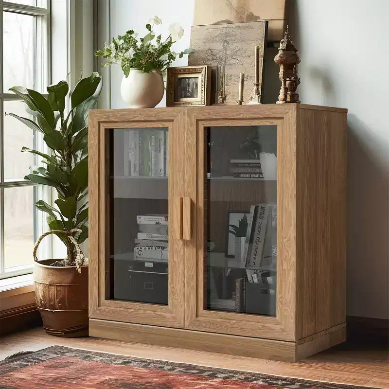 Meuble d’appoint en bois de 31x31x16 avec étagère réglable, porte en verre transparent