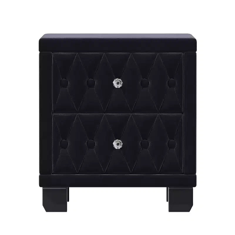 Elegante mesa de noche de terciopelo con 2 cajones y tiradores de cristal, mesa auxiliar de almacenamiento con capitoné de botones